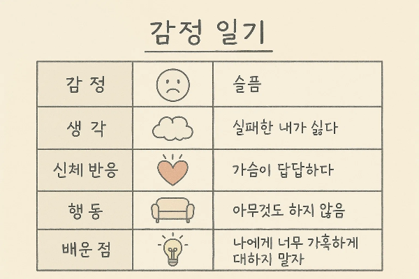 감정, 생각, 신체 반응, 행동, 배운 점을 담은 감정 일기표, 슬픔의 흐름을 시각적으로 정리한 이미지