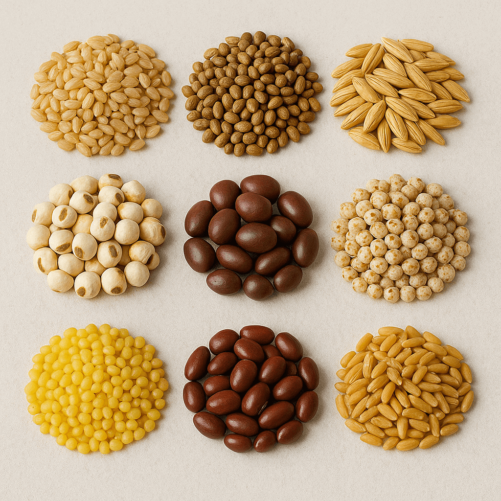 현미, 보리, 귀리, 율무, 콩, 카무트, 조, 팥, 수수 이미지들