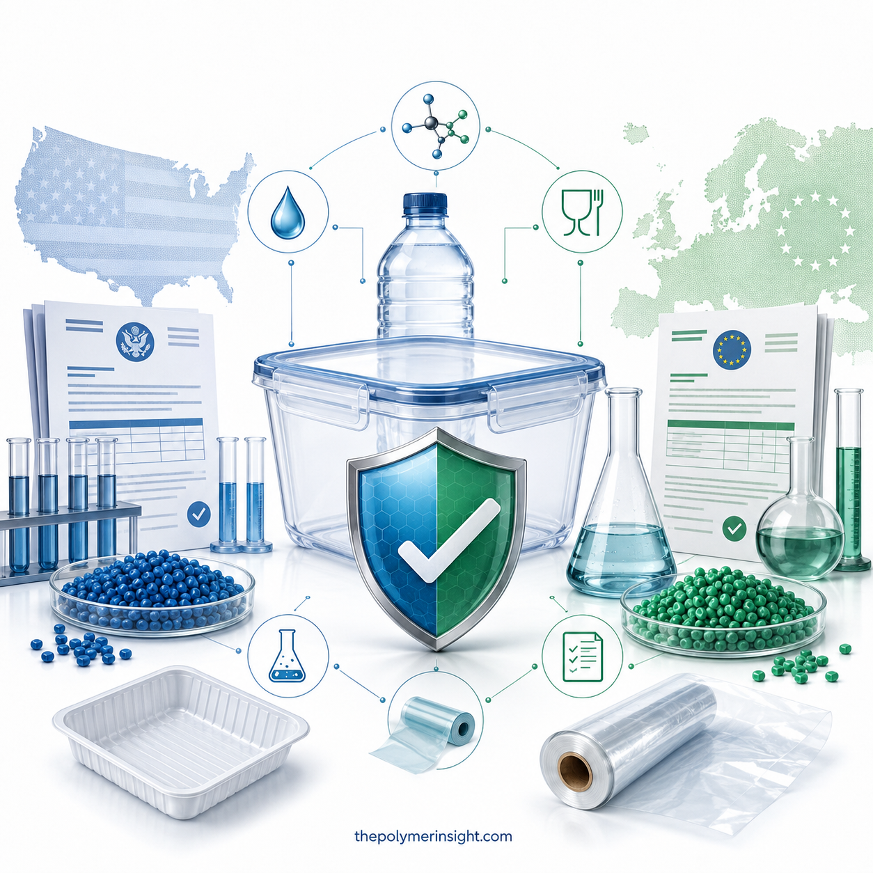 식품용 플라스틱 용기와 시험 플라스크, 미국 FDA 및 EU 10/2011 규제문서를 표현한 식품접촉 규제 이미지