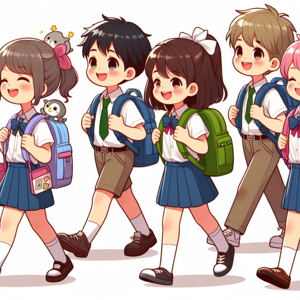 웃으며 걸어가는 아이들