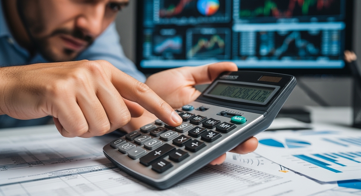 복잡한 금리 계산을 하는 손과 계산기 이미지