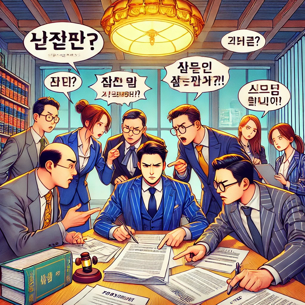 부동산 오피스에서 법적 상황을 묘사, 변호사와 부동산 중개인이 '건축제한구역', '지목', '등기부등본' 등의 용어가 포함된 문서를 진지하게 검토하는 장면