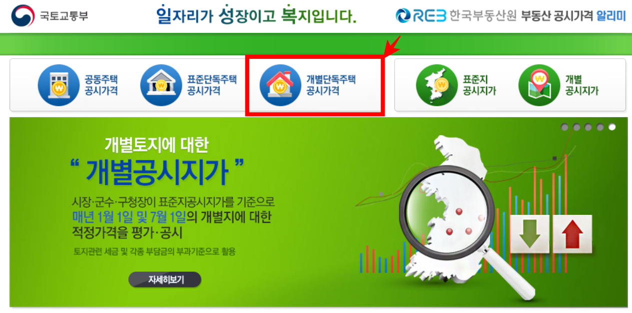 '개별 단독주택 공시가격' 메뉴 선택
