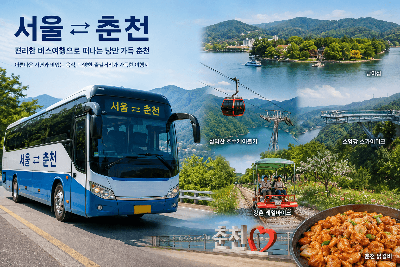 서울 에서 춘천을 왕복하는 버스와 소양강