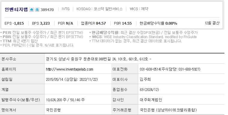 인벤티지랩 주가 기업개요