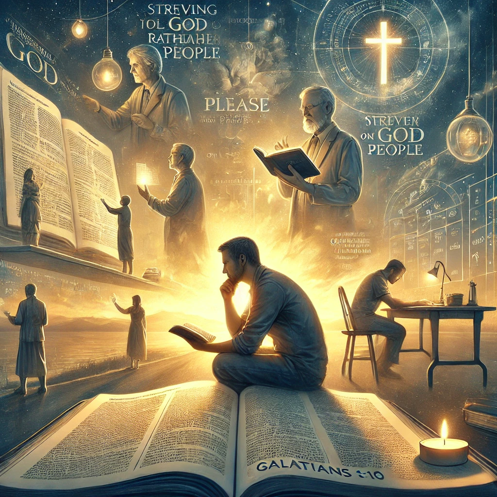 Here is the inspiring image depicting a person striving to please God rather than people, inspired by Galatians 1:10. The scene shows the individual reflecting on scripture throughout the day, with a focus on making choices that align with God's will.