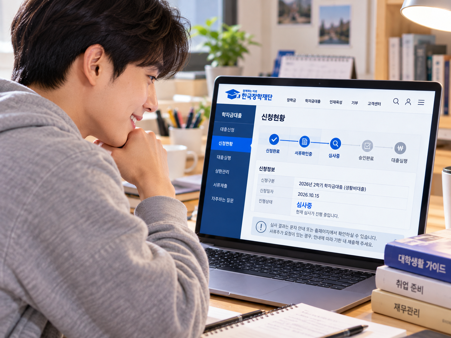 학자금대출 신청 현황과 심사 결과를 확인하는 대학생의 예시 이미지