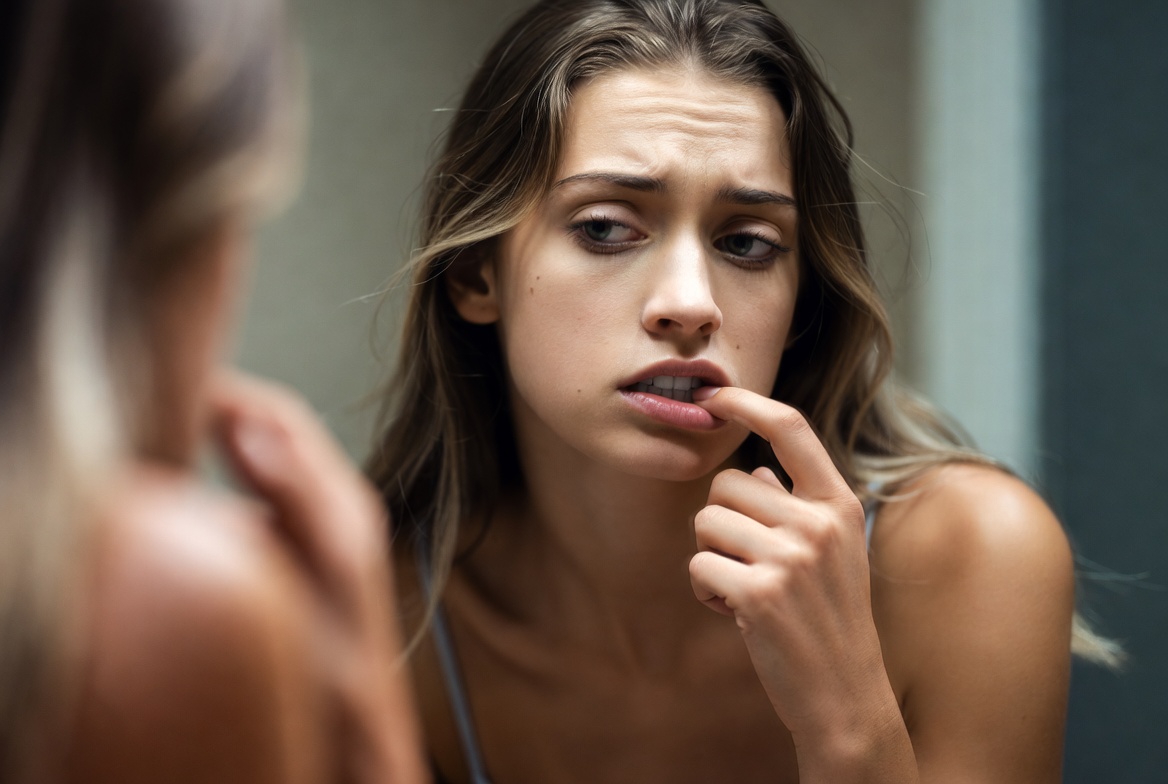 거울을 보며 이빨을 만지고 있는 여성의 모습 ai 이미지