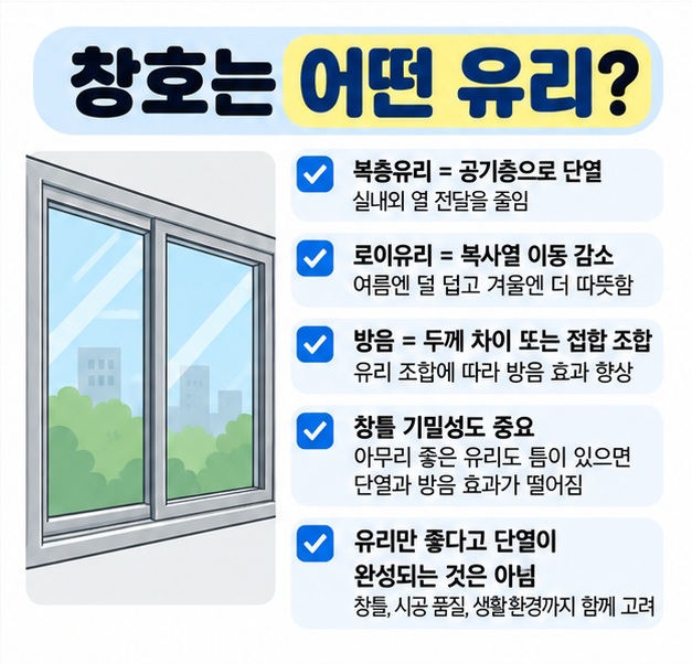 창호는 복층유리와 로이유리를 조합해 단열과 결로 감소에 활용하고 프레임 기밀성도 함께 확인하도록 정리한 카드