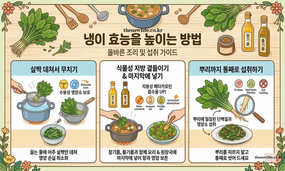 냉이 효능을 높이는 조리 방식과 섭취 방법을 안내하는 이미지