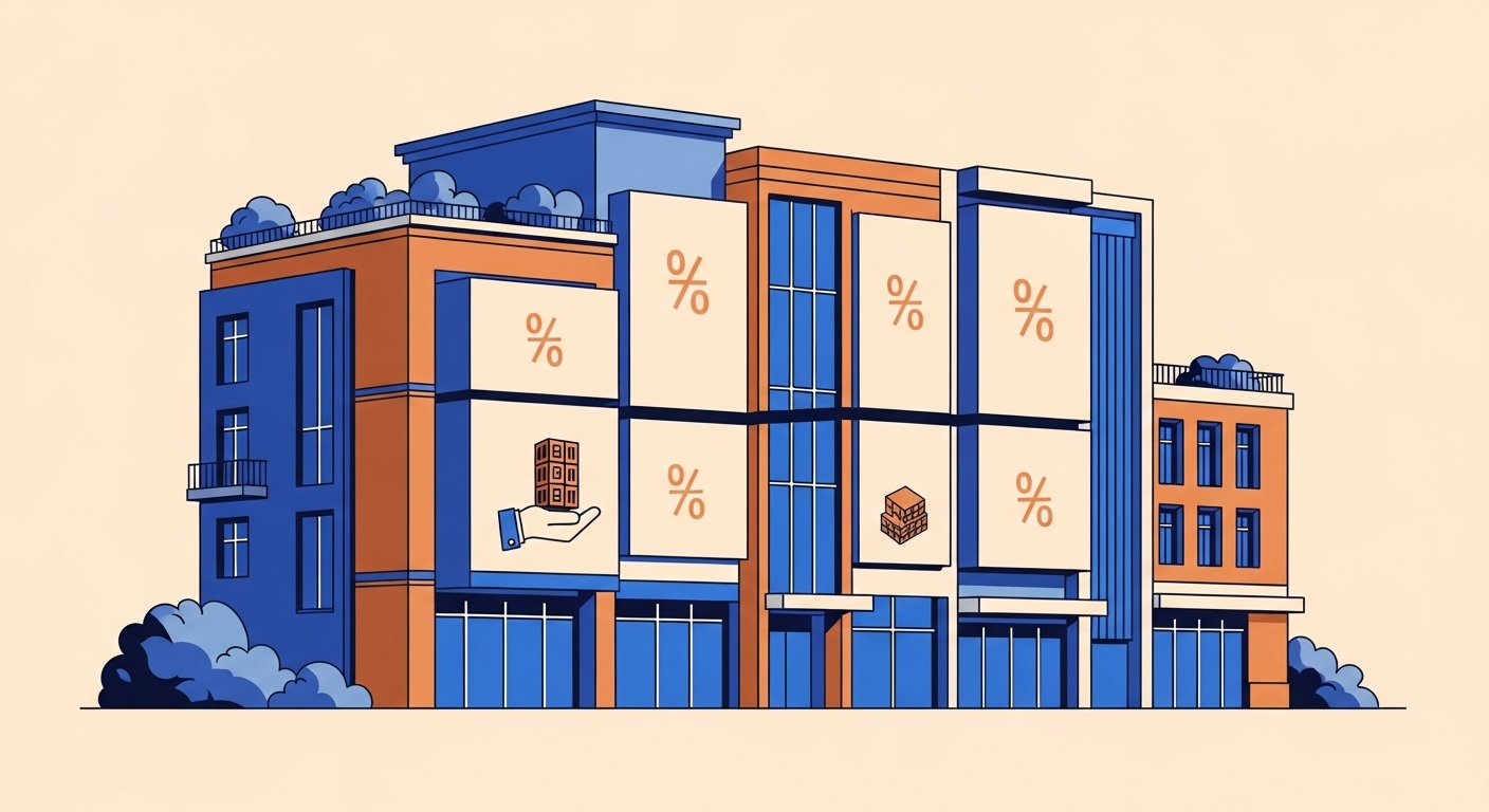 부동산 조각 투자의 개념을 보여주는, 여러 조각으로 나뉜 건물 이미지