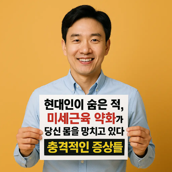 미세근육 약화가 당신 몸을 망치고 있다는 문구가 적힌 안내판을 들고 웃고 있는 한국인 남성의 이미지