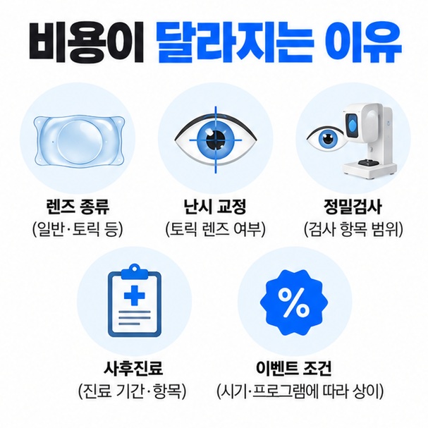 렌즈 종류 난시교정 정밀검사 사후진료 이벤트 조건에 따라 비용이 달라지는 이유를 보여주는 이미지