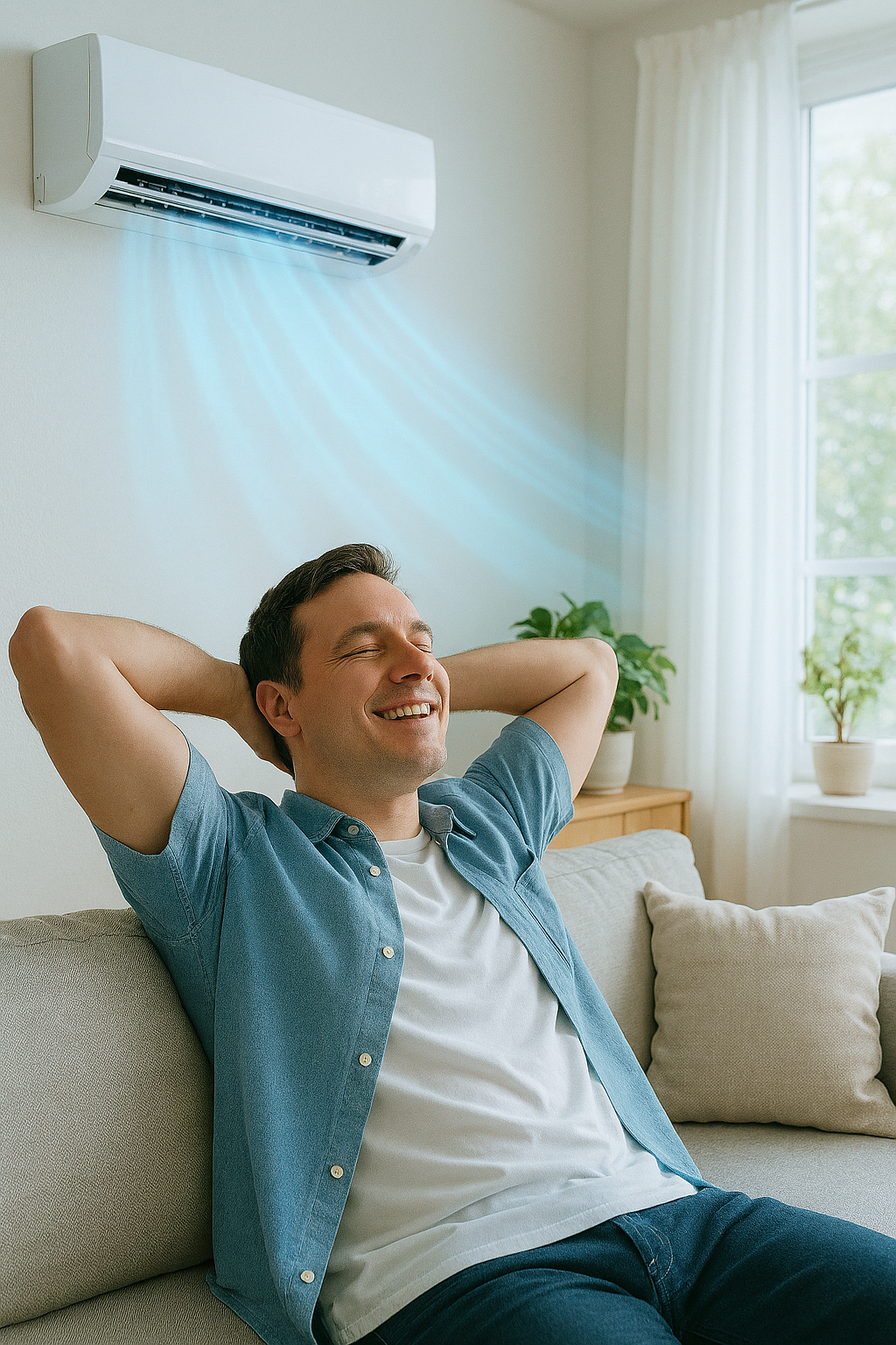 정상적으로 작동하는 에어컨 아래에서 시원하게 휴식을 취하는 사람