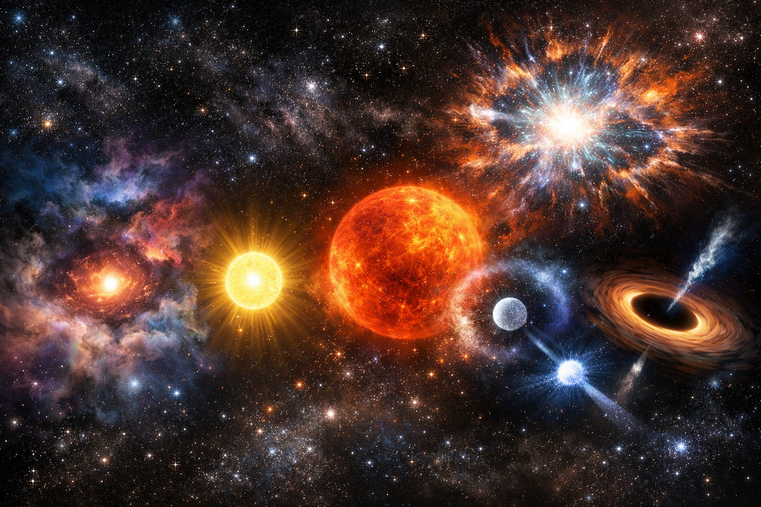 성운에서 시작해 주계열성, 적색거성, 초신성, 중성자별, 블랙홀로 이어지는 별의 일생을 나타낸 우주 일러스트