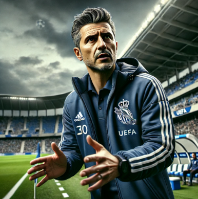 이마놀 알과실 감독 레알 소시에다드 트레이닝복을 입고 산 세바스티안의 경기장에서 전술을 지시하는 장면