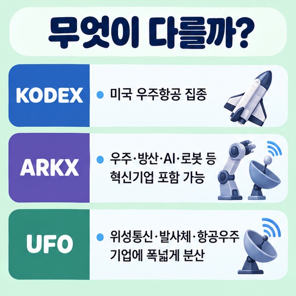 KODEX는 미국 우주항공 집중 ARKX는 우주와 방산 혁신 액티브 UFO는 글로벌 우주산업 지수 추종이라는 차이를 보여주는 이미지