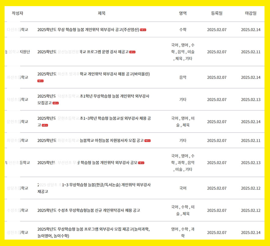 초등학교별 모집 내용과 마감 일자 세부 내용입니다.
