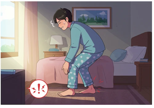 아침에 첫 발을 디딜 때 발뒤꿈치 안쪽 통증(족저근막염 증상)으로 괴로워하는 카툰 캐릭터