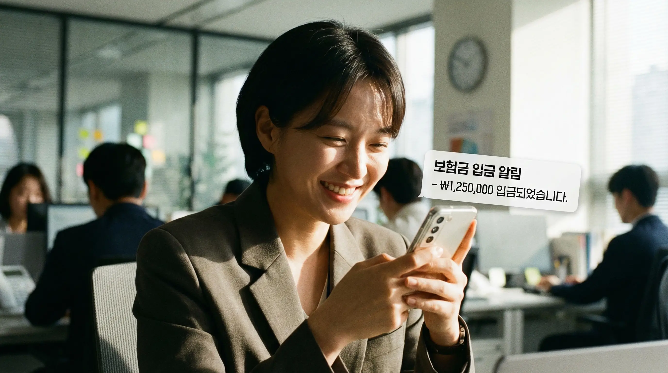 보험금 입금 알림이 뜬 스마트폰 화면을 보며 미소 짓는 직장인의 모습