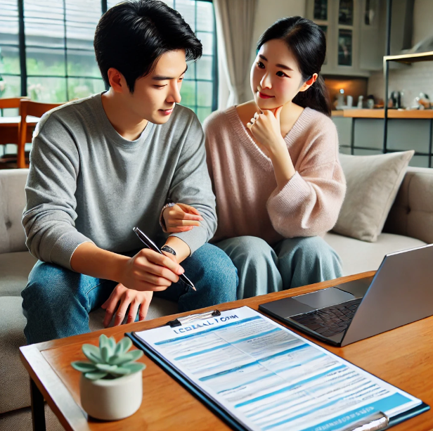 집에서 법적 문서를 논의하는 커플의 모습