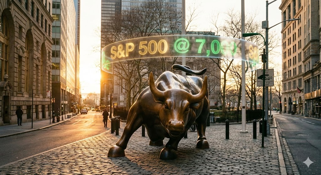 찬란한 아침 해가 뜨는 뉴욕 월스트리트 황소 동상 뒤로 7,000포인트를 가리키는 전광판이 빛나는 모습