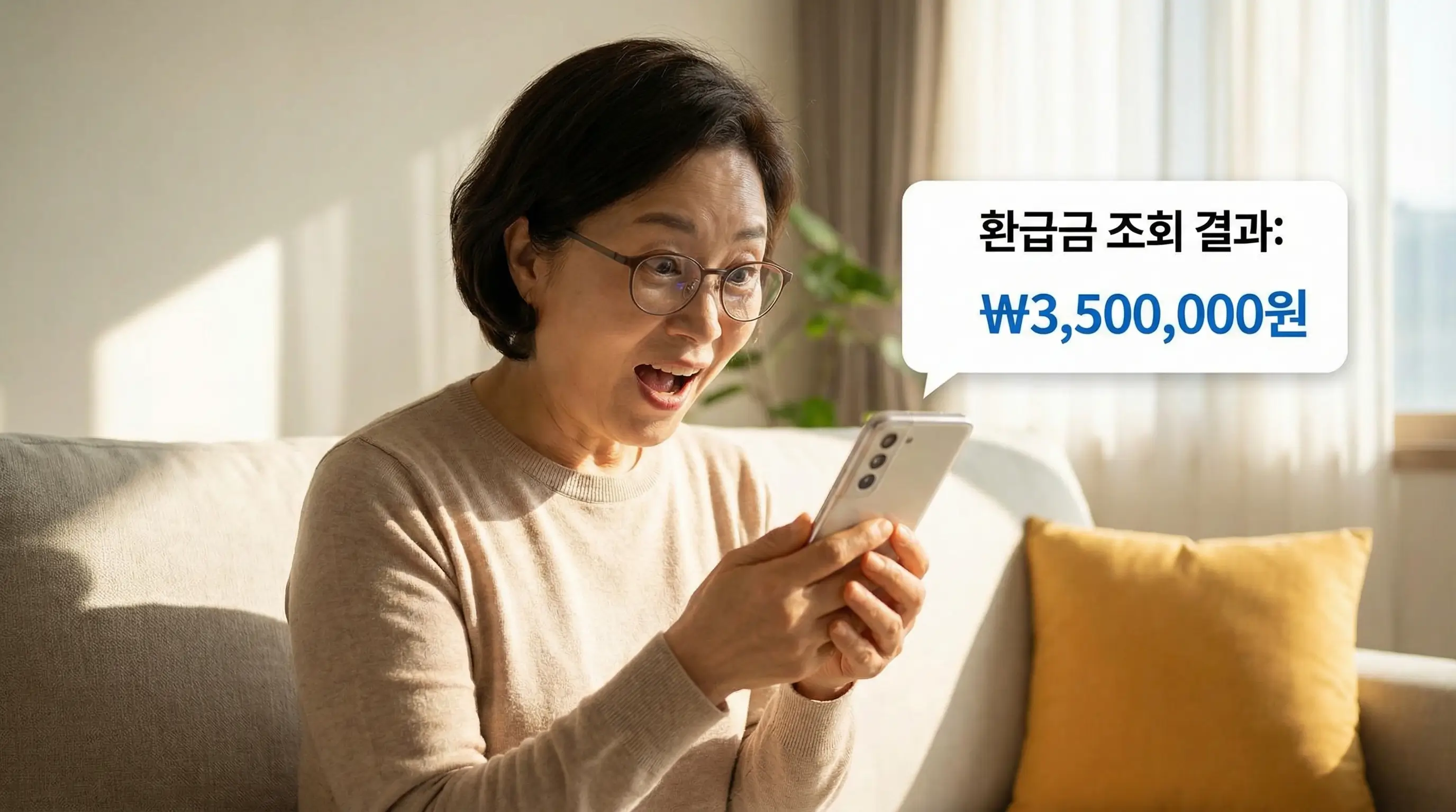 스마트폰으로 환급금 조회 화면을 보며 뜻밖의 목돈을 발견하고 놀라는 표정의 사람