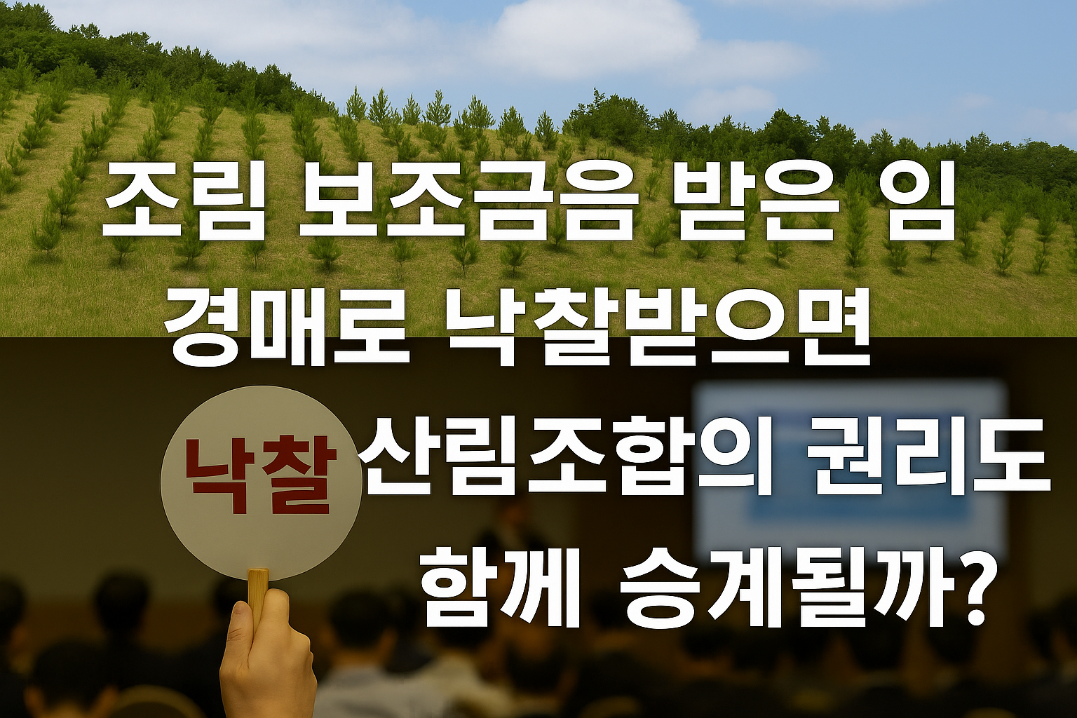 조림 보조 임야 경매 핵심정리 썸네일 &ndash; 산림조합, 숲, 경매 낙찰 장면이 함께 보이는 전문가형 이미지