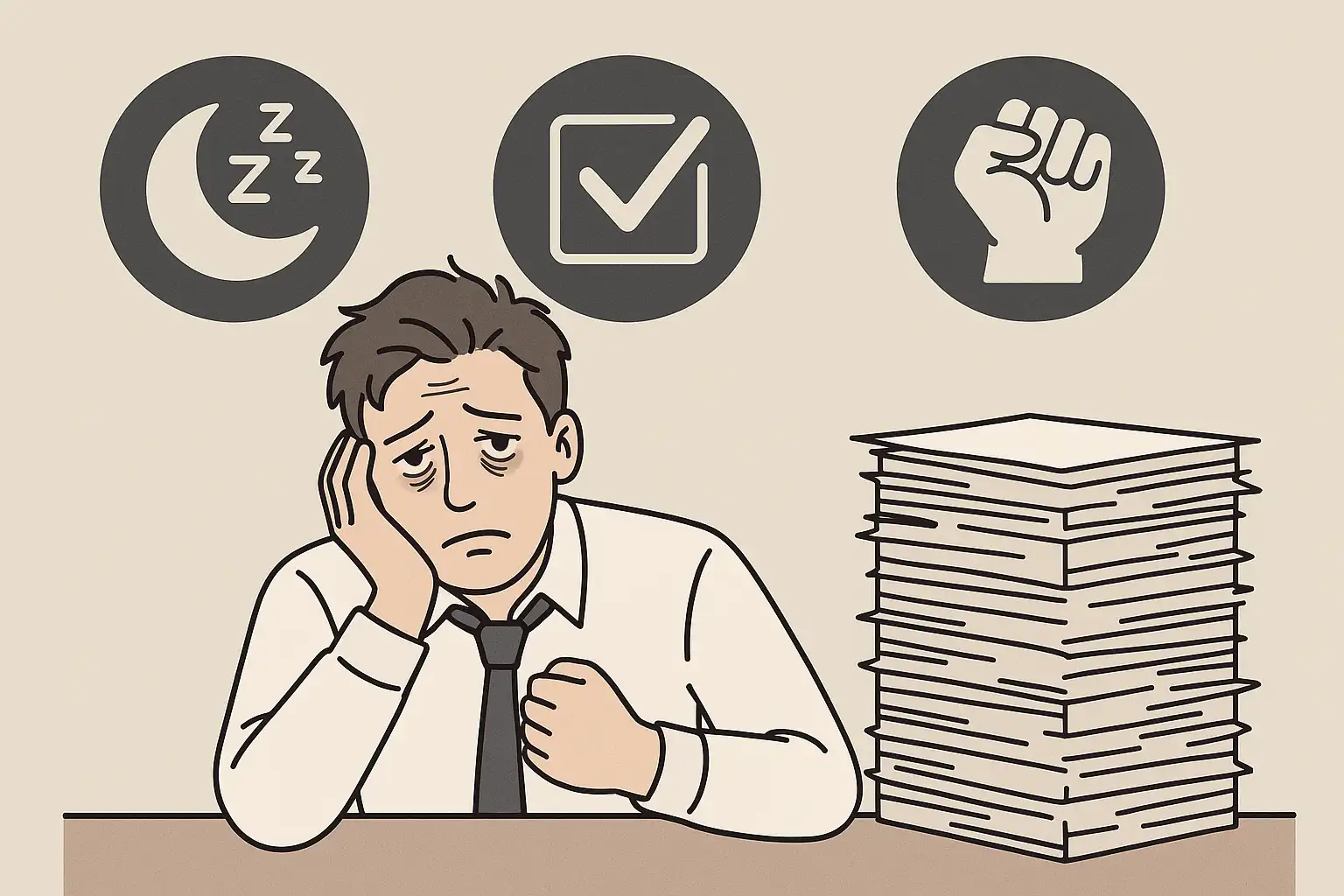 수면 부족으로 피곤한 표정, 완벽주의 성향으로 서류 더미를 바라보는 사람, 억눌린 감정을 참는 장면