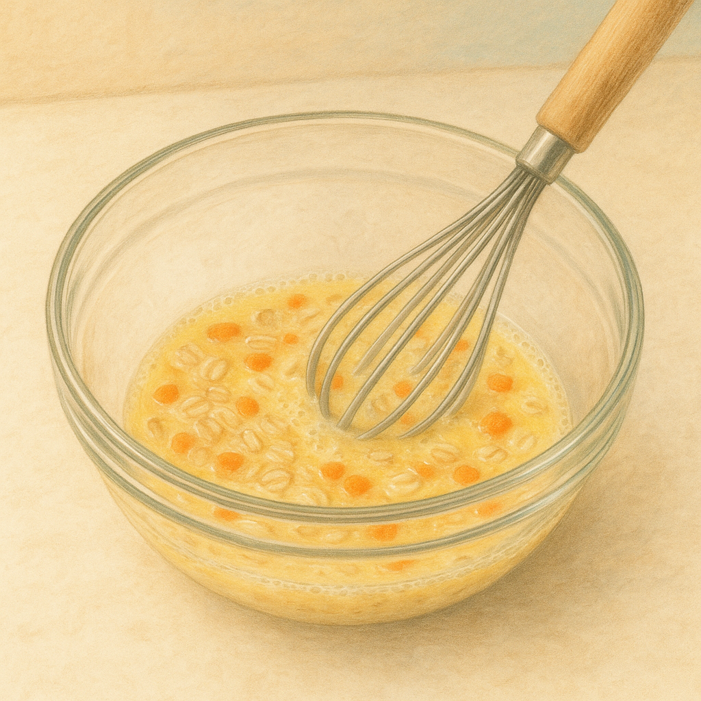 파스텔톤의 유리 그릇에 달걀 푸딩 재료를 섞는 과정을 따뜻하게 그린 이미지