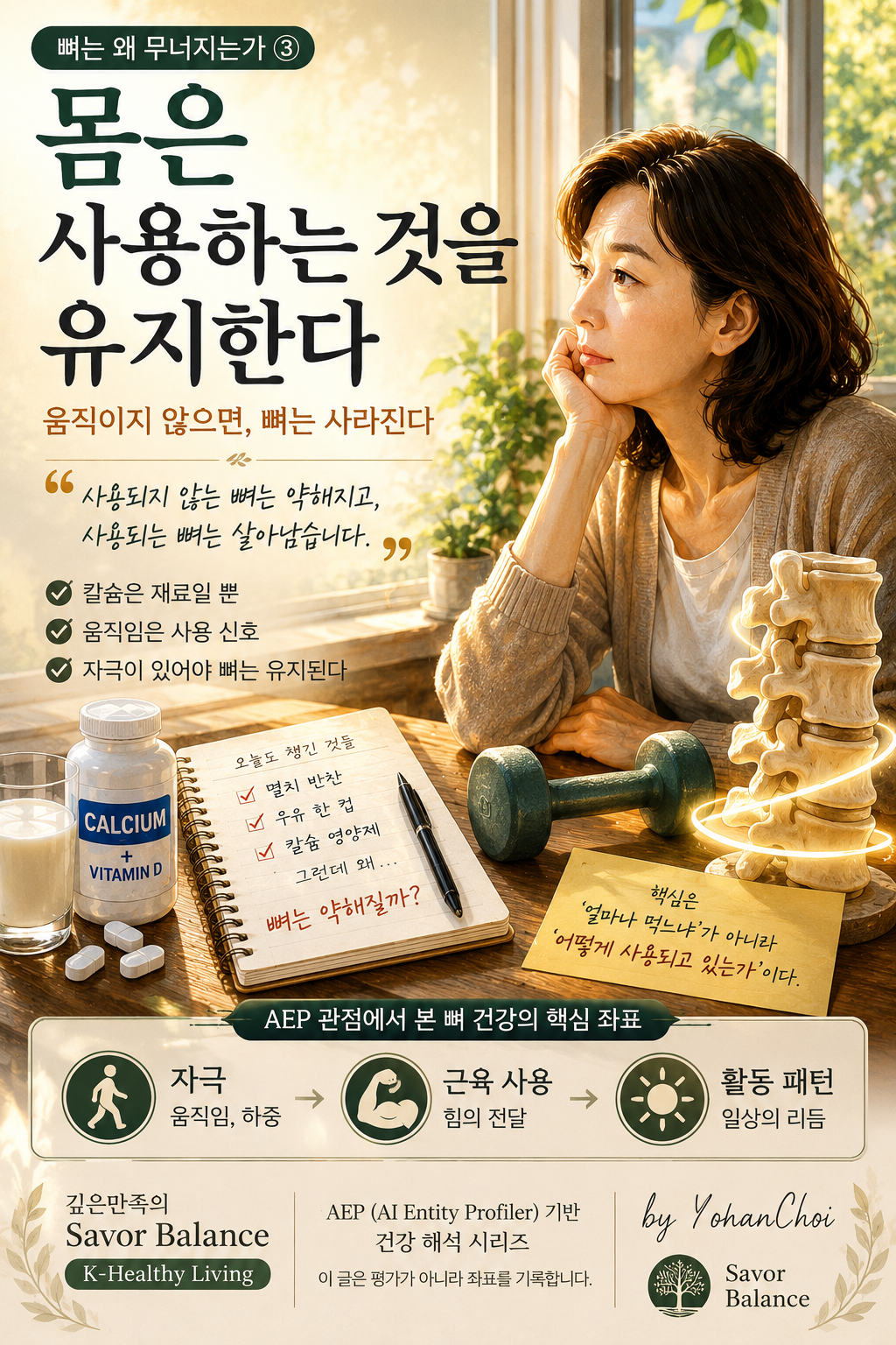 "Woman reflecting on bone health, movement, and calcium use in aging."