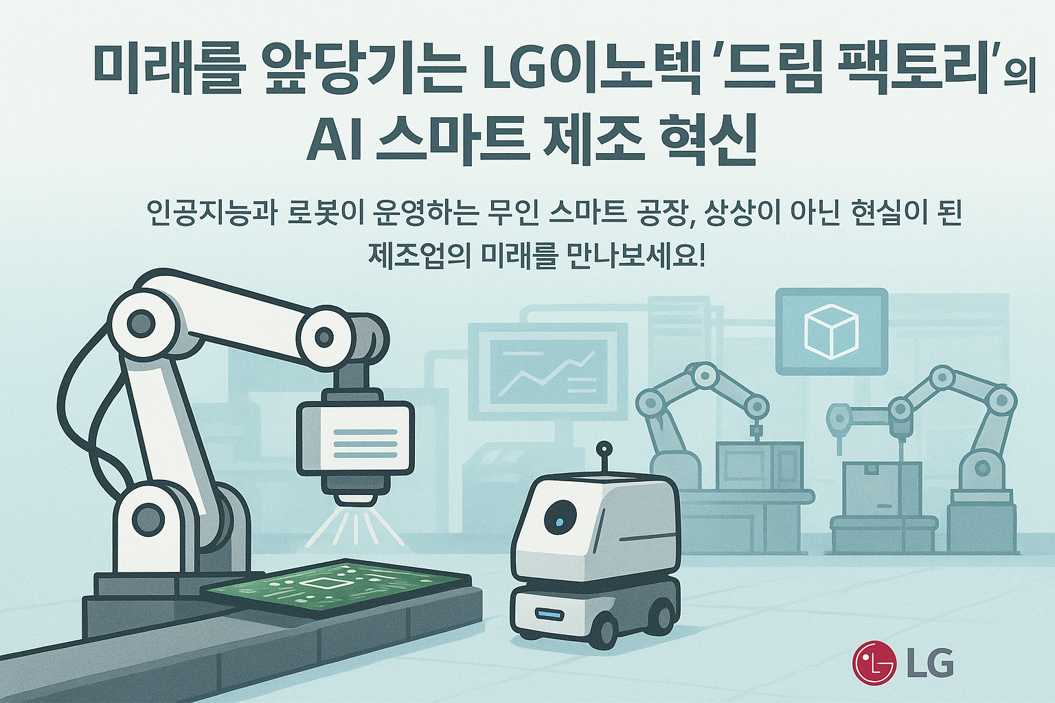LG이노텍 드림 팩토리의 AI 스마트 공장 개념을 표현한 디지털 일러스트. 로봇팔, 자율이동로봇, AI 분석 화면 등 첨단 기술이 융합된 무인 제조 환경을 상징적으로 보여줍니다.