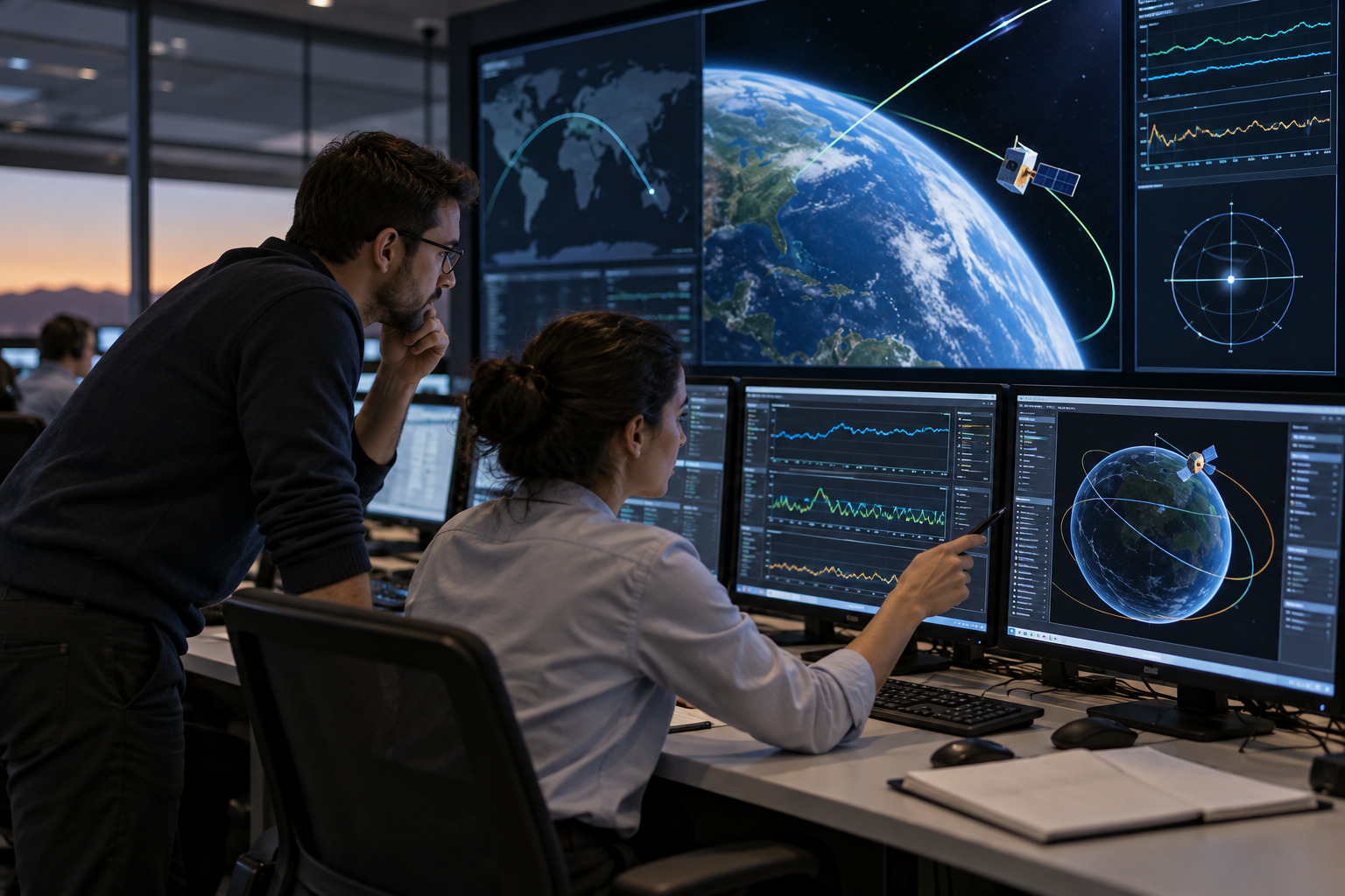 위성 관제실에서 궤도 화면과 상태 데이터를 함께 검토하는 운용자를 표현한 이미지