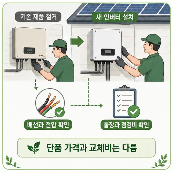 기존 태양광 인버터를 철거하고 새 제품을 설치하면서 배선과 입력전압을 점검해 단품 가격 외에 설치와 점검 비용이 발생할 수 있음을 보여 주는 그림