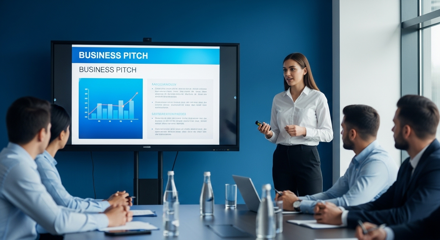 젊은 창업가가 면접관들 앞에서 자신감 있게 사업 발표를 하는 모습. 뒤쪽 스크린에는 사업 발표 자료가 표시되어 있음.