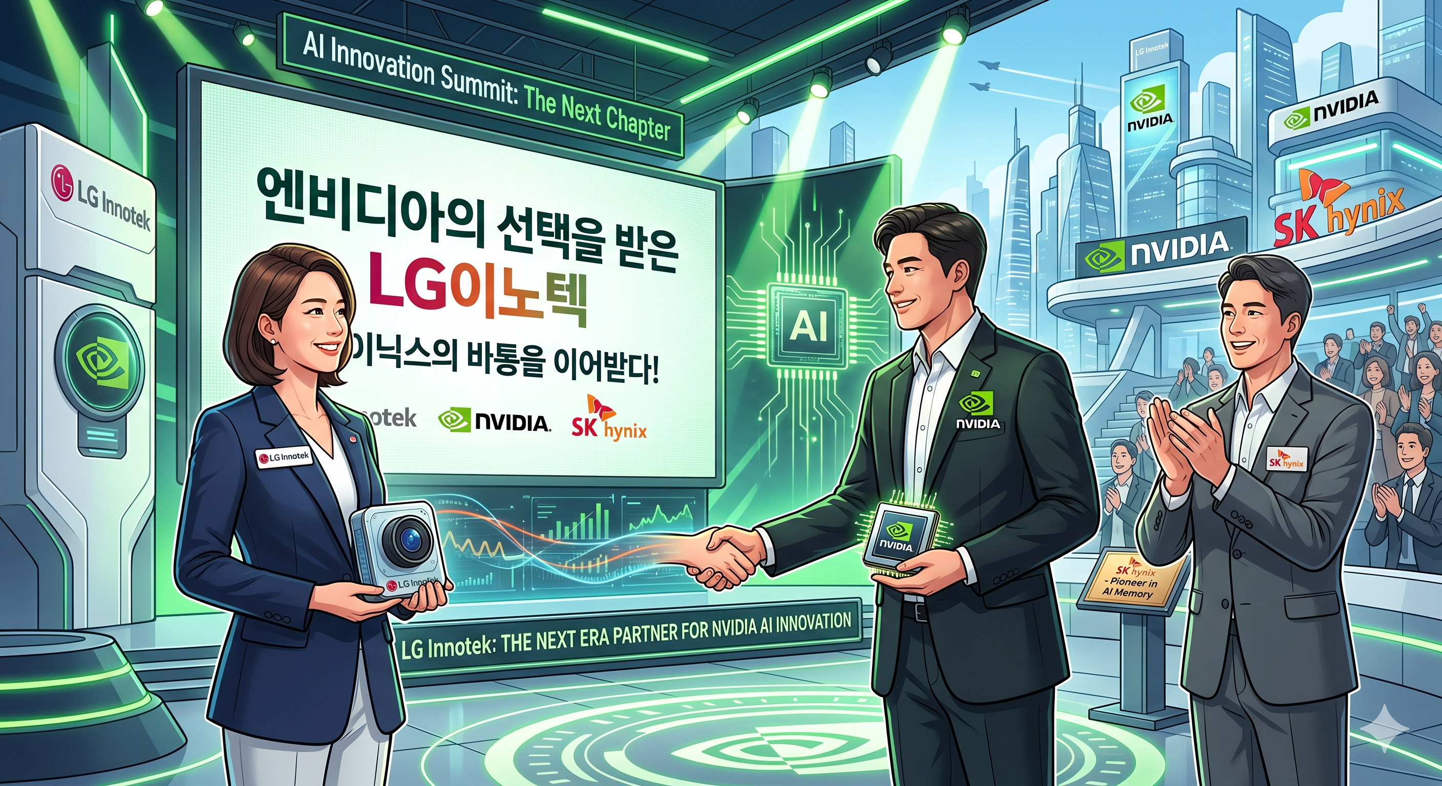 엔비디아가 LG이노텍을 선택해서 서로 악수하는 모습