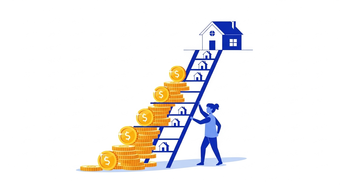 정부 정책을 통해 주거 사다리를 오르는 청년의 모습을 표현한 추상적인 일러스트레이션