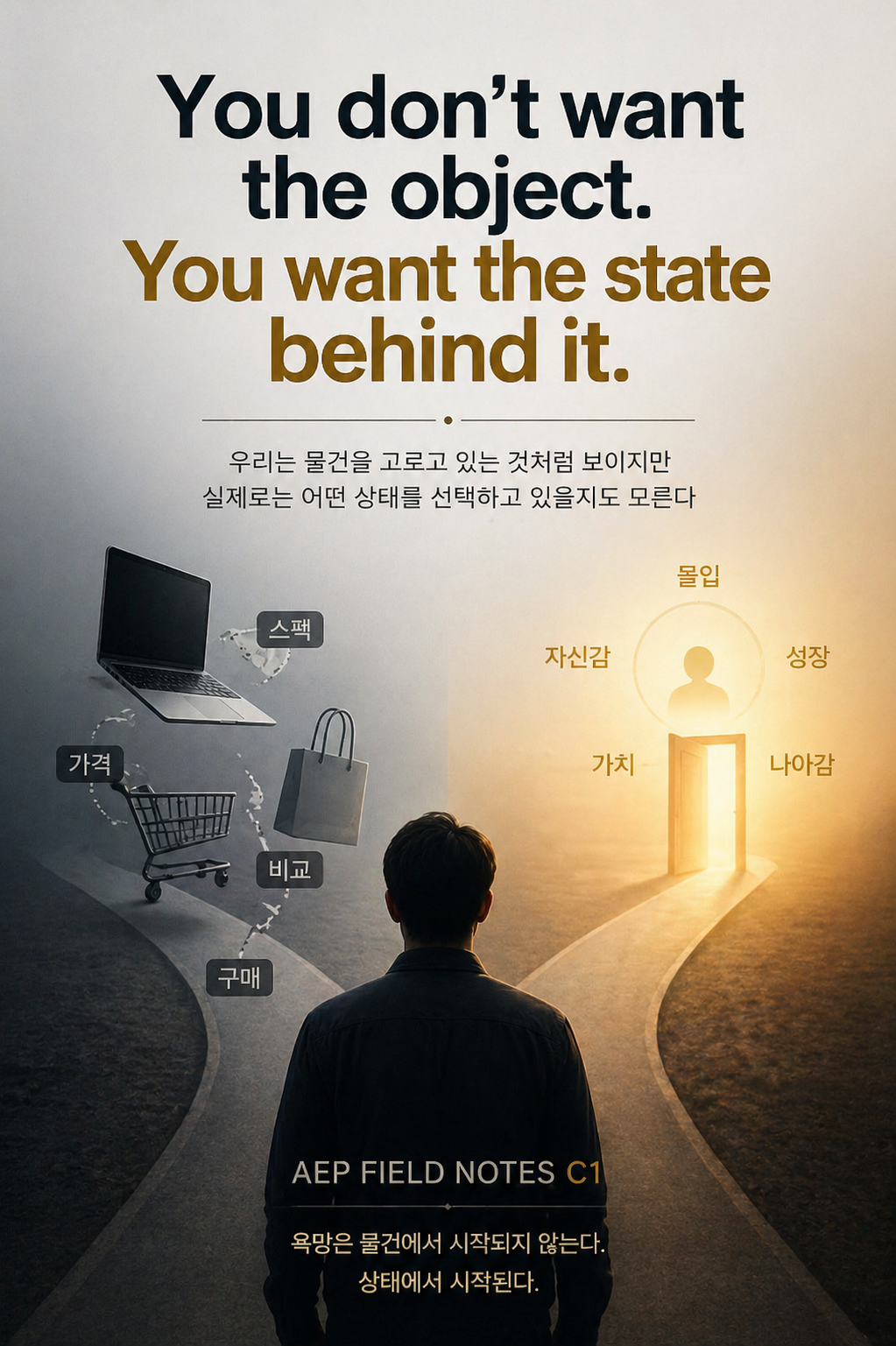 A person stands at a split path between two directions: one side filled with objects like a laptop, shopping cart, and purchase cues, and the other leading toward light and abstract states such as focus, growth, and confidence. The image illustrates that what appears to be a choice between things is actually a movement toward an underlying state.
