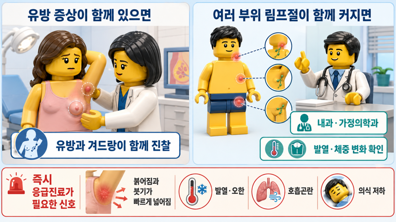 유방 증상과 여러 부위 림프절 종대에 따른 진료 방향과 즉시 응급진료 신호