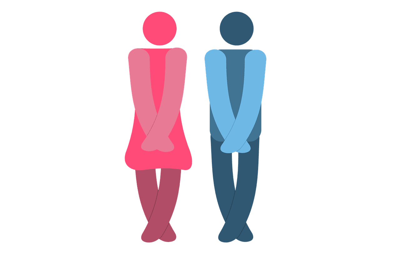 소변이 배출되는 것을 참고 있는 사람들