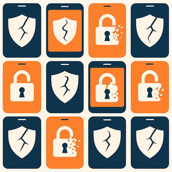 기업 모바일 보안 취약점을 시각화한 개념적 일러스트레이션