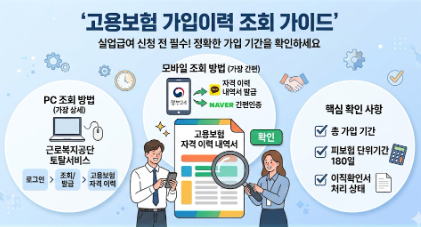 고용보험 자격 이력 내역서를 조회하고 발급받는 과정을 설명하는 이미지