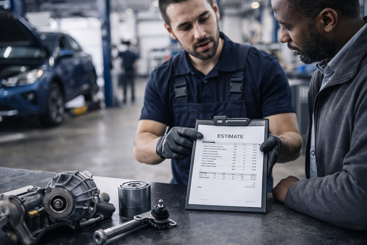 정비소에서 수리 상담을 받는 운전자와 정비사