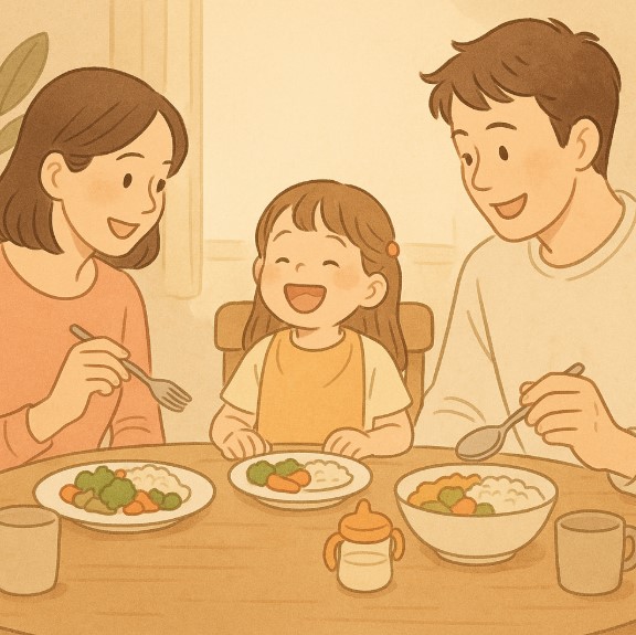 아이와 함께 식사하는 따뜻한 가족의 풍경