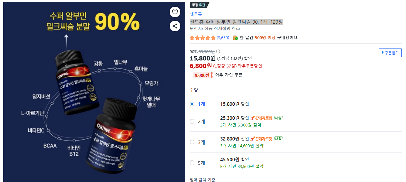 센트휴 수퍼 알부민 밀크씨슬 90, 1개, 120정