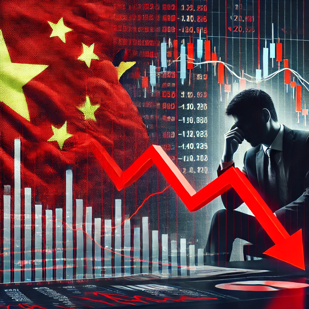 "2025년 중국 경제 둔화를 나타내는 컨셉 이미지. 중국 국기 위에 붉은색 하락 그래프가 겹쳐져 있으며, 글로벌 금융 시장의 영향을 상징하는 주가 하락 차트와 걱정하는 투자자의 실루엣이 배경에 배치됨. 경제 불확실성을 강조하는 붉은 톤과 어두운 색감이 특징적임."