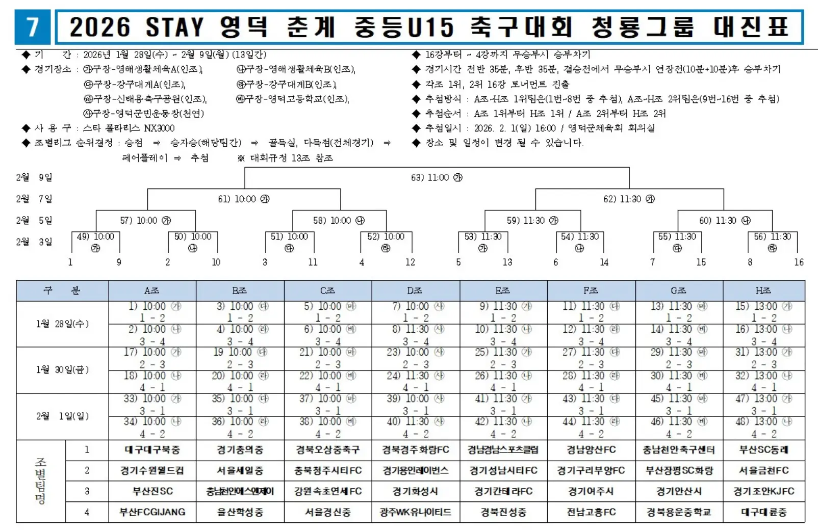 2026 STAY 영덕 춘계 U15 축구대회 청룡그룹 조 편성 및 대진표