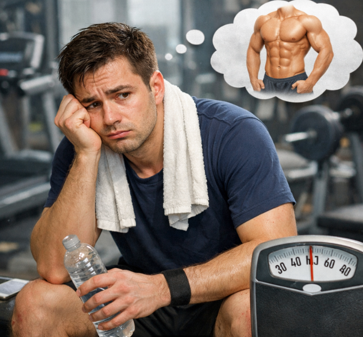 헬스장 벤치에 앉아서 쉬고 있는 남성 사진