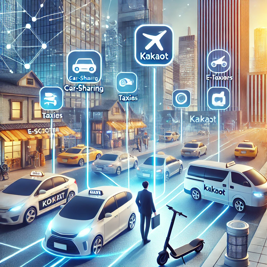 카카오T의 통합 이동 서비스를 보여주는 역동적인 한국 도시 장면. 차량 공유, 택시, 전동 킥보드 등 다양한 이동 수단을 앱을 통해 예약하고 관리하는 사용자의 모습. 혁신과 사용자 편의성이 돋보이는 배경