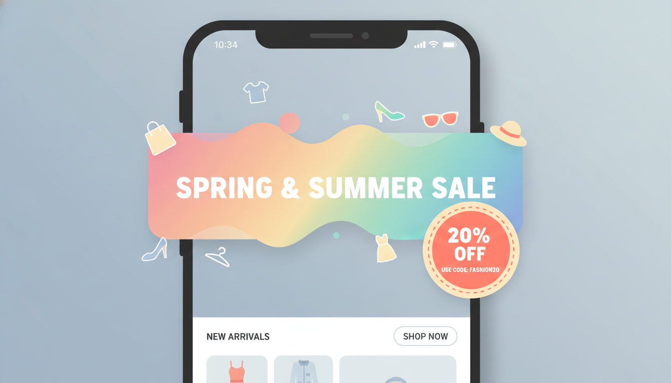 스마트폰 화면에 뜬 패션 쇼핑 앱의 봄 여름 신상 세일과 20% 할인 쿠폰 디자인
